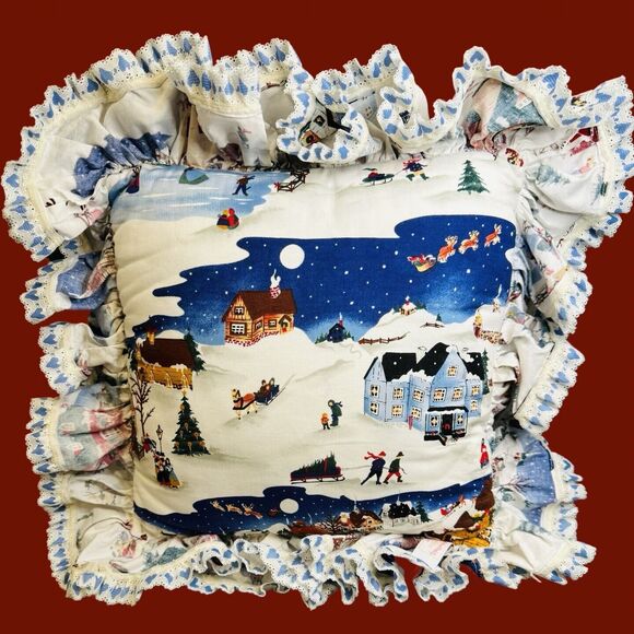 Vintage Pillow Winter Scene Christmas Ruffled Border 20” x 20” Handmade by Diane - Picture 2 of 6